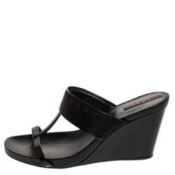 Pre Owned Prada Black Patent Leather And Nylon T-Strap Wedge Slide Sandals Size 38.5