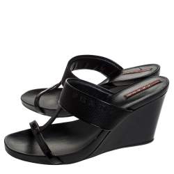 Pre Owned Prada Black Patent Leather And Nylon T-Strap Wedge Slide Sandals Size 38.5