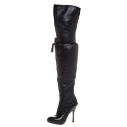 Pre Owned Prada Black Leather Over The Knee Boots Size 38.5