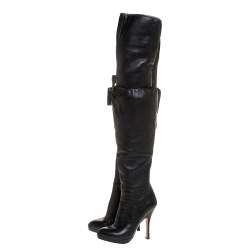 Pre Owned Prada Black Leather Over The Knee Boots Size 38.5