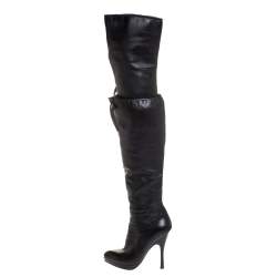 Pre Owned Prada Black Leather Over The Knee Boots Size 38.5