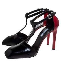 Pre Owned  Prada Red/Black Leather Square Toe Ankle Strap Pumps Size 40