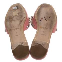 Pre Owned Prada Coral Pink Patent Leather Crystal And Bow Embellished Flat Slides Size 40