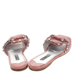 Pre Owned Prada Coral Pink Patent Leather Crystal And Bow Embellished Flat Slides Size 40