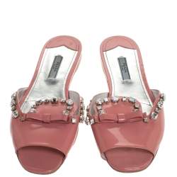 Pre Owned Prada Coral Pink Patent Leather Crystal And Bow Embellished Flat Slides Size 40