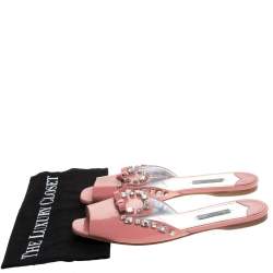 Pre Owned Prada Coral Pink Patent Leather Crystal And Bow Embellished Flat Slides Size 40