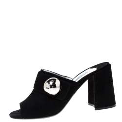 Pre Owned Prada Black Suede Silver Ball Accent Block Heel Mule Sandals Size 38.5