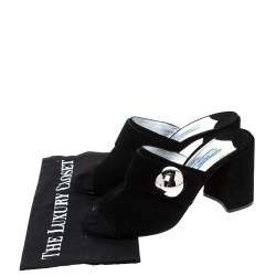 Pre Owned Prada Black Suede Silver Ball Accent Block Heel Mule Sandals Size 38.5