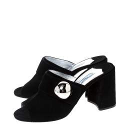 Pre Owned Prada Black Suede Silver Ball Accent Block Heel Mule Sandals Size 38.5