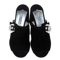 Pre Owned Prada Black Suede Silver Ball Accent Block Heel Mule Sandals Size 38.5
