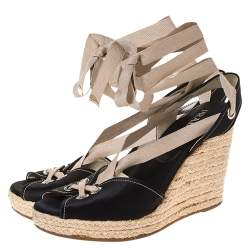 Pre Owned Prada Black Satin Espadrille Wedge Platform Ankle Wrap Sandals Size 38