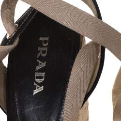 Pre Owned Prada Black Satin Espadrille Wedge Platform Ankle Wrap Sandals Size 38