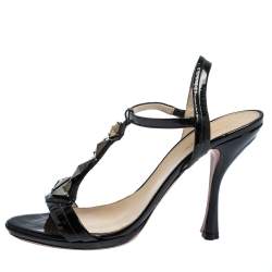 Pre Owned Prada Black Crystal Embellished Patent Leather T-Strap Sandals Size 40