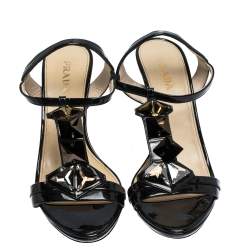 Pre Owned Prada Black Crystal Embellished Patent Leather T-Strap Sandals Size 40