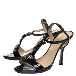 Pre Owned Prada Black Crystal Embellished Patent Leather T-Strap Sandals Size 40