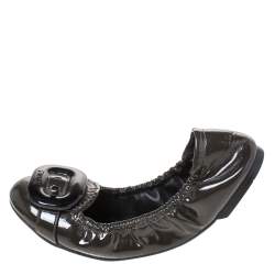 Pre Owned Prada Olive Green Patent Leather Buckle Scrunch Ballet Flats Size 38.5 