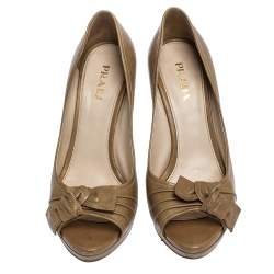 Pre Owned Prada Beige Leather Bow Peep Toe Platform Pumps Size 39
