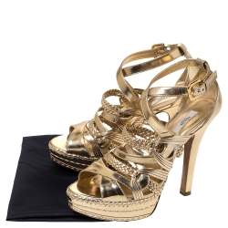 Prada Metallic Gold Leather Open Toe Ankle Strap Platform Sandals Size 40