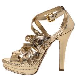 Prada Metallic Gold Leather Open Toe Ankle Strap Platform Sandals Size 40