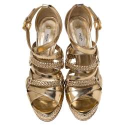 Prada Metallic Gold Leather Open Toe Ankle Strap Platform Sandals Size 40