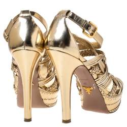 Prada Metallic Gold Leather Open Toe Ankle Strap Platform Sandals Size 40