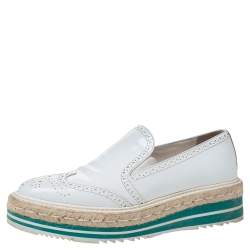Pre Owned Prada White Brogue Leather Espadrille Platform Flat Loafer Size 38.5
