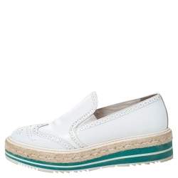 Pre Owned Prada White Brogue Leather Espadrille Platform Flat Loafer Size 38.5