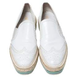 Pre Owned Prada White Brogue Leather Espadrille Platform Flat Loafer Size 38.5