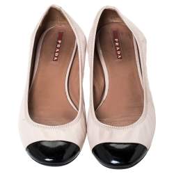 Pre Owned Prada Beige/Black Leather And Patent Leather Cap Toe Ballet Flats Size 36.5