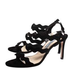 Pre Owned Prada Black Suede Scalloped Open Toe Sandals Size 36.5 