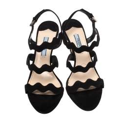 Pre Owned Prada Black Suede Scalloped Open Toe Sandals Size 36.5 