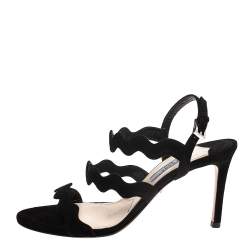Pre Owned Prada Black Suede Scalloped Open Toe Sandals Size 36.5 