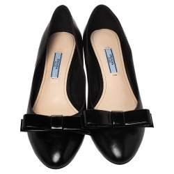 Pre Owned Prada Black Leather Bow Detail Block Heel Pumps Size 37.5