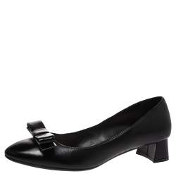 Pre Owned Prada Black Leather Bow Detail Block Heel Pumps Size 37.5