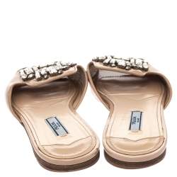 Prada Beige Patent Saffiano Leather Crystal Embellished Flat Slides Size 38.5