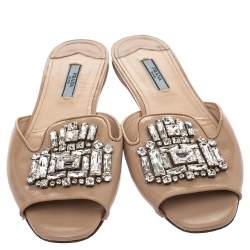 Prada Beige Patent Saffiano Leather Crystal Embellished Flat Slides Size 38.5