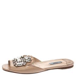 Prada Beige Patent Saffiano Leather Crystal Embellished Flat Slides Size 38.5
