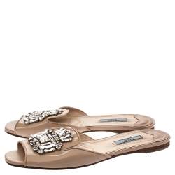 Prada Beige Patent Saffiano Leather Crystal Embellished Flat Slides Size 38.5