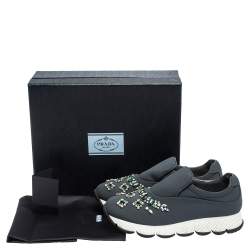 Pre Owned Prada Grey Stretch Fabric Crystal Embellished Sneakers Size 38