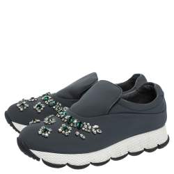 Pre Owned Prada Grey Stretch Fabric Crystal Embellished Sneakers Size 38