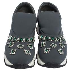 Pre Owned Prada Grey Stretch Fabric Crystal Embellished Sneakers Size 38