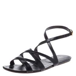 Prada Black Leather Strappy Ankle Strap Flat Sandals Size 37