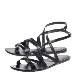 Prada Black Leather Strappy Ankle Strap Flat Sandals Size 37