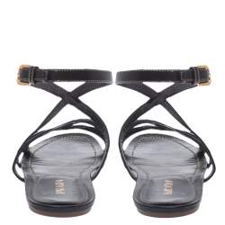 Prada Black Leather Strappy Ankle Strap Flat Sandals Size 37