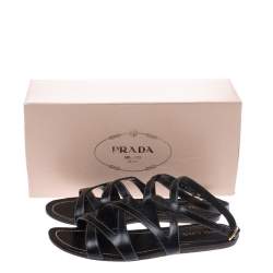 Prada Black Leather Strappy Ankle Strap Flat Sandals Size 37