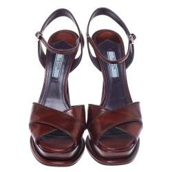 Prada Brown Leather Cross Strap Open Toe Platform Ankle Strap Sandals Size 38