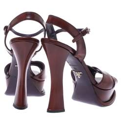 Prada Brown Leather Cross Strap Open Toe Platform Ankle Strap Sandals Size 38