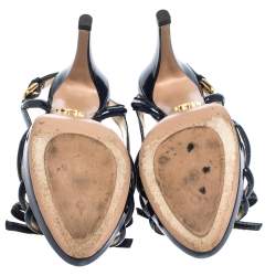 Pre Owned Prada Blue Patent Leather Bow Open Toe Slingback Sandals Size 38.5