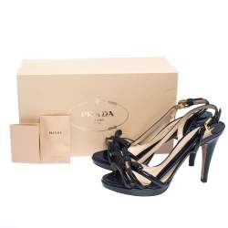 Pre Owned Prada Blue Patent Leather Bow Open Toe Slingback Sandals Size 38.5
