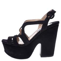 Pre Owned Prada Navy Blue Suede Strappy Platform Ankle Strap Block Heel Sandals Size 37